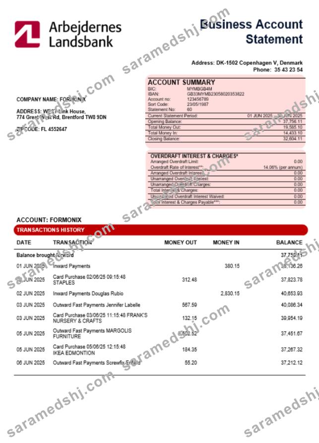 Arbejdernes Landsbank enterprise account statement Word and PDF template
